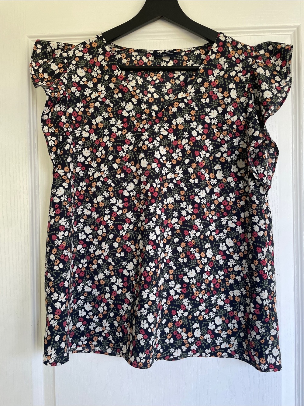 Denver Hayes Black Floral Flutter Sleeve Blouse with White & Pink Flowers